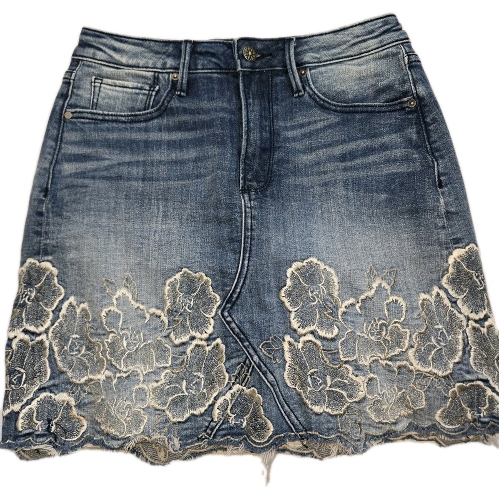 Driftwood Stef Womens Floral Embroidered Skirt Pockets Blue Size 26